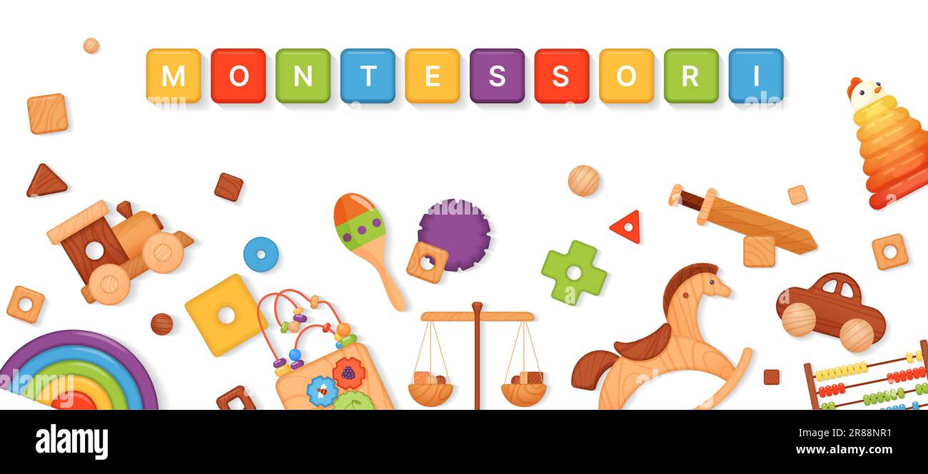 Modèle de conception de bannière Montessori, texte Montessori sur des cubes arc-en-ciel et jouets logiques en bois pour enfants d'âge préscolaire illustration vectorielle. 3D matériaux pédagogiques isolés et des lettres pour les tout-petits jeu Illustration de Vecteur