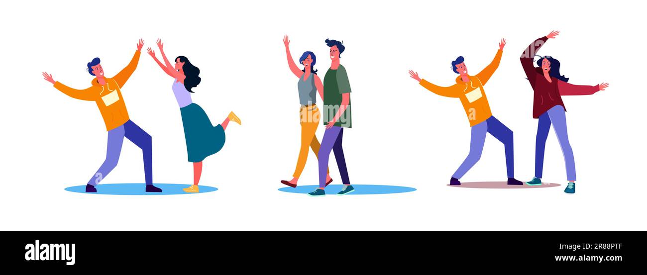 Ensemble de femme et d'homme dansant et en agitant les mains Illustration de Vecteur