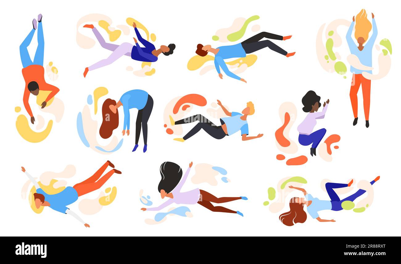 Illustration vectorielle de jeu de personnes volant. Caricature isolée jeune femme et homme flottant dans l'espace de l'imagination, personnages tombant en gravité, saut libre et action de vol de la personne dans le ciel de fantaisie Illustration de Vecteur