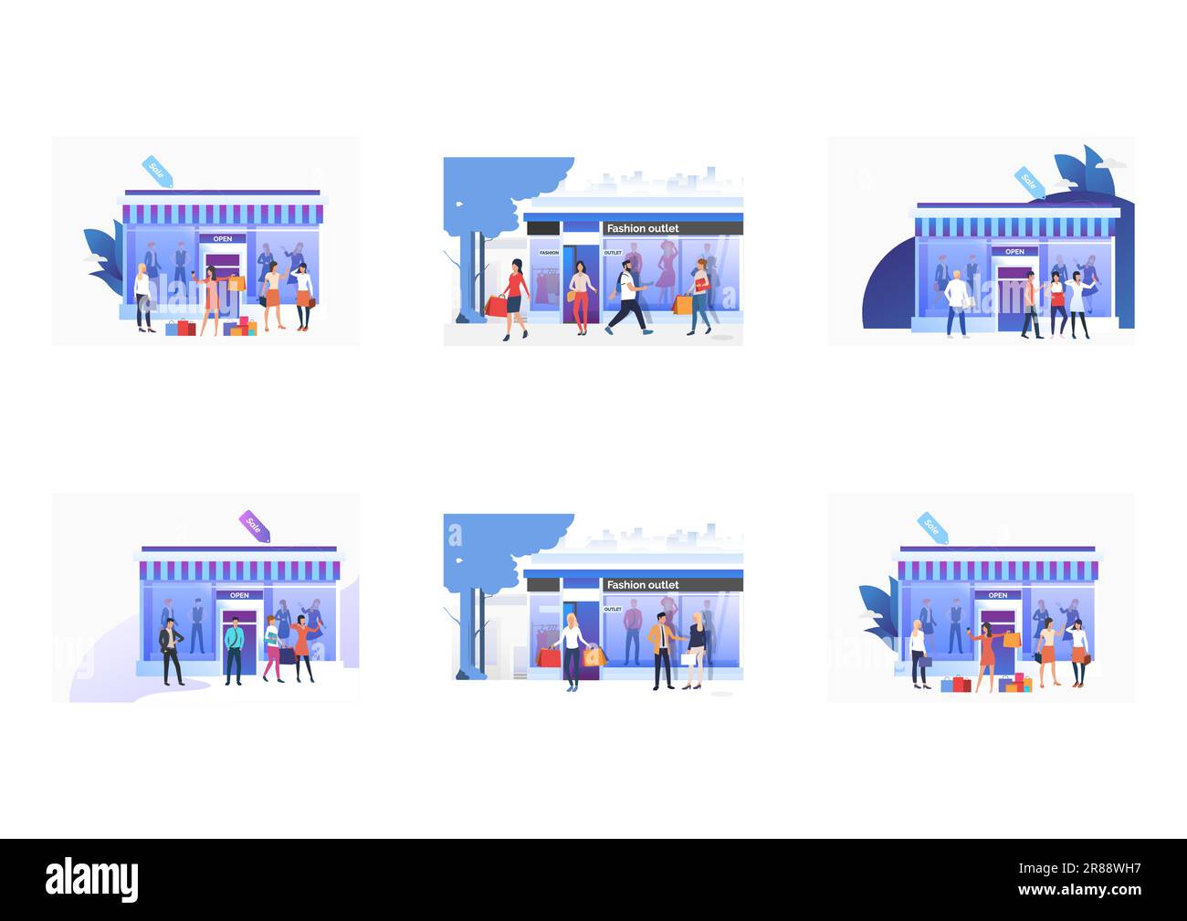 Ensemble de personnes debout et tenant des sacs près des magasins Illustration de Vecteur