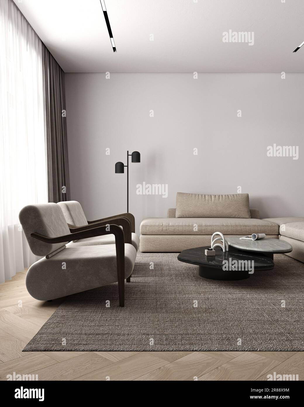 Salon intérieur minimaliste classique simple avec table en pierre, lampe, plafonnier et fauteuil. Maquette d'un mur vide. 3d rendu. Haute qualité 3D Banque D'Images