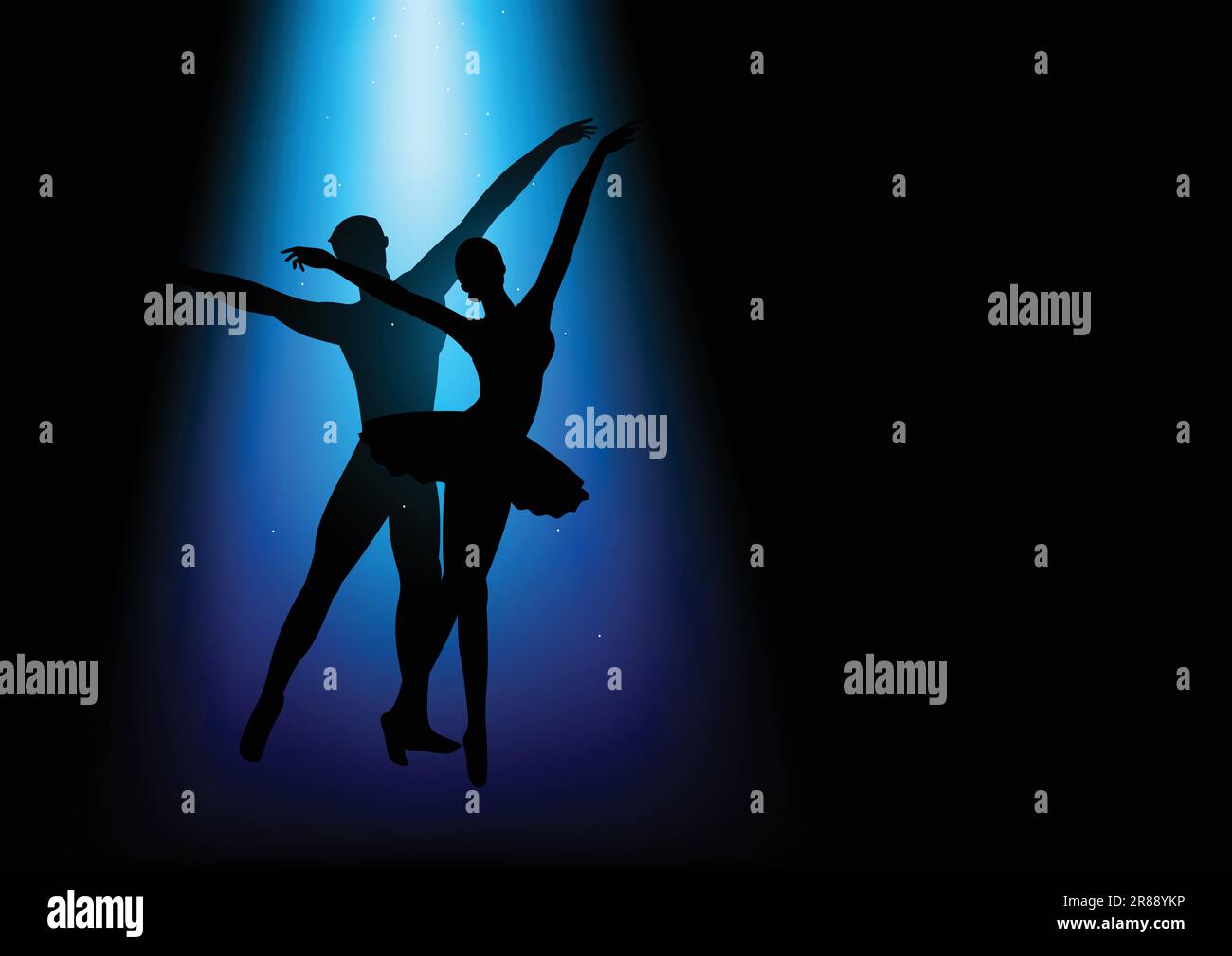 Silhouette illustration d'un couple dansant ballet sous lumière bleue Illustration de Vecteur