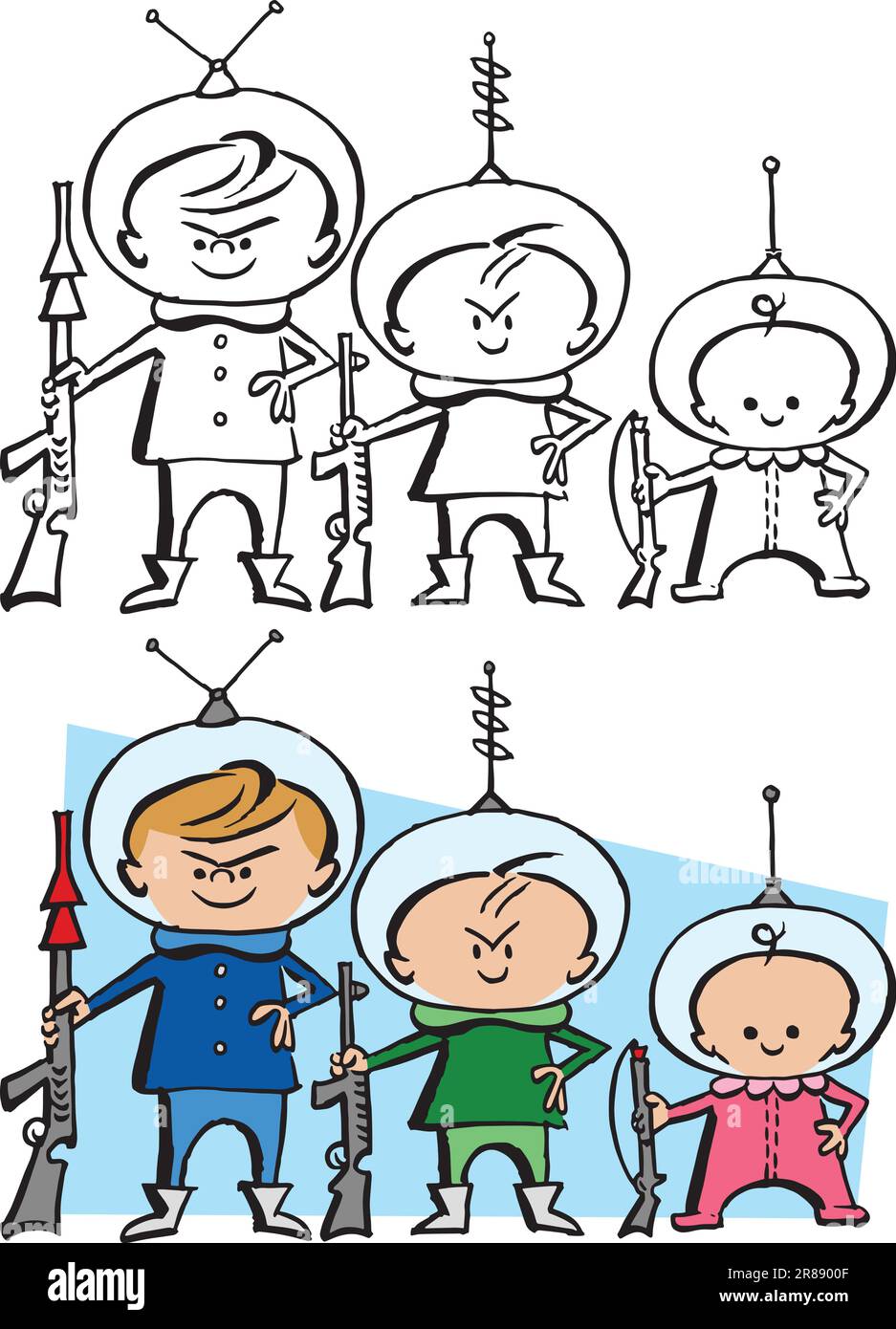 Une caricature rétro vintage d'un groupe d'enfants jouant comme des astronautes. Illustration de Vecteur