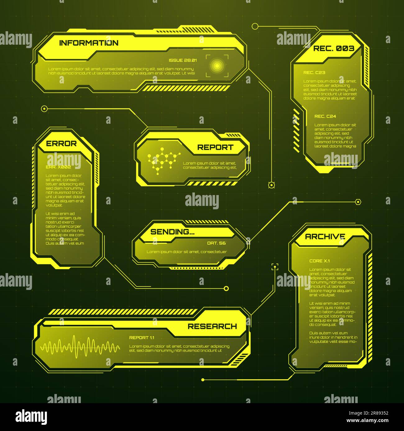 HUD futuriste jaune, éléments d'interface utilisateur. Zones de texte et légendes de l'interface utilisateur SCI-fi. Cadres de message d'avertissement, modèle de zones d'information. Jeu moderne Illustration de Vecteur