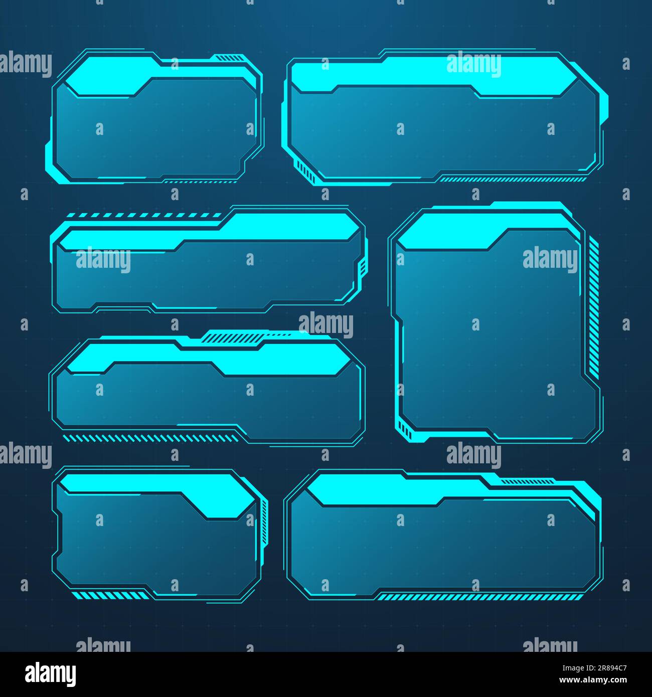 Éléments HUD ou UI futuristes bleus. Zones de texte et légendes de l'interface utilisateur SCI-fi. Cadres de message d'avertissement, modèle de zones d'information. Jeu moderne Illustration de Vecteur