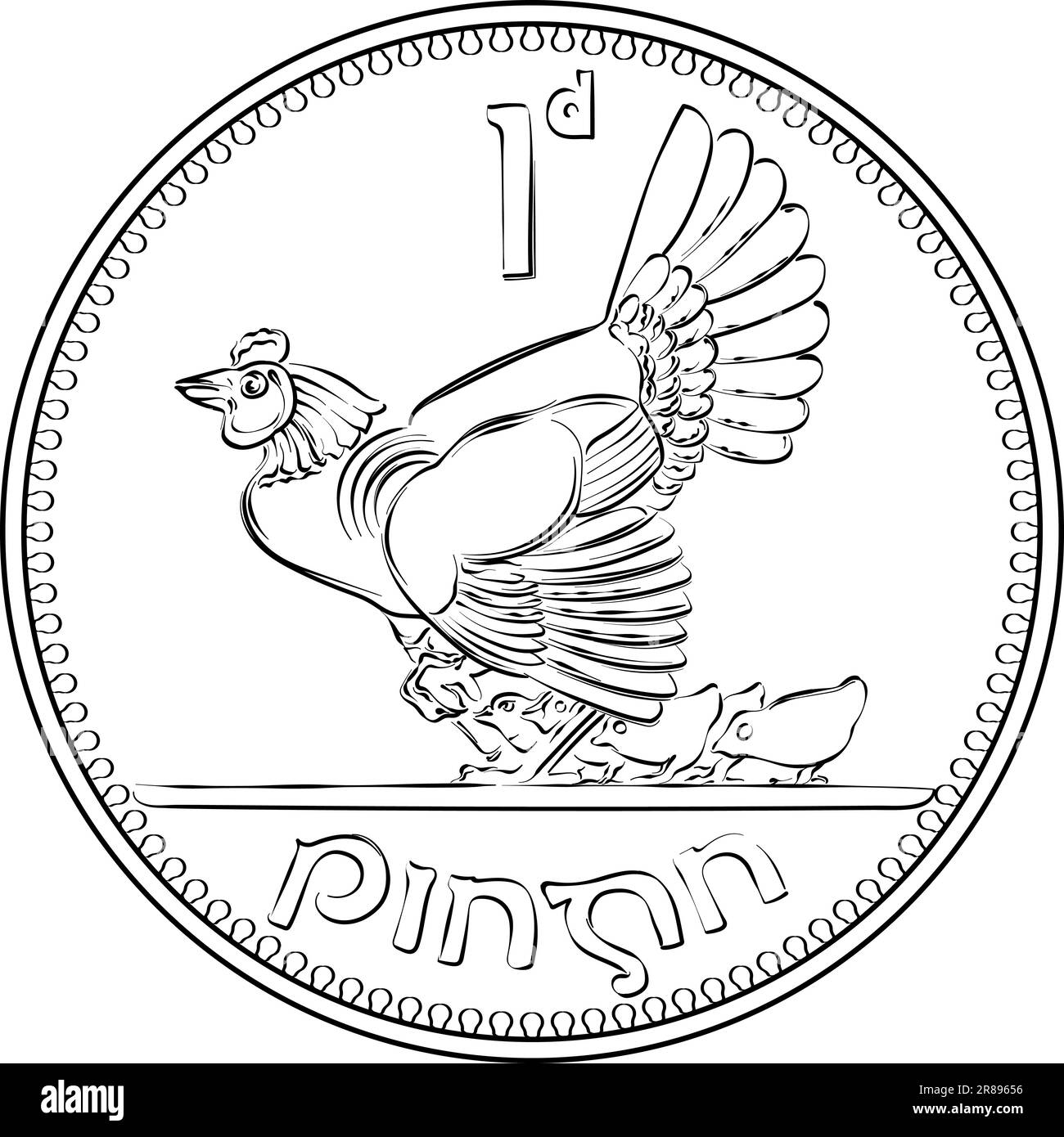 Irish Money pièce d'or pré-décimale Penny avec Hen et Chicks au verso. Image en noir et blanc Illustration de Vecteur