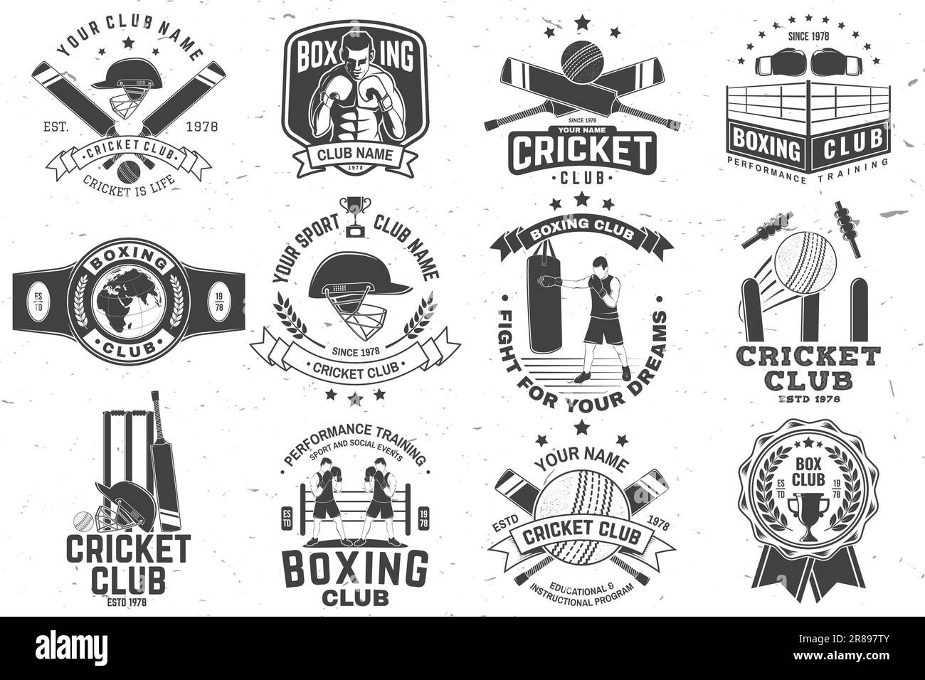 Ensemble de badges de club de cricket. Vecteur. Concept pour chemise, imprimé, timbre ou tee-shirt. Modèles pour club de sport de cricket. Illustration de Vecteur