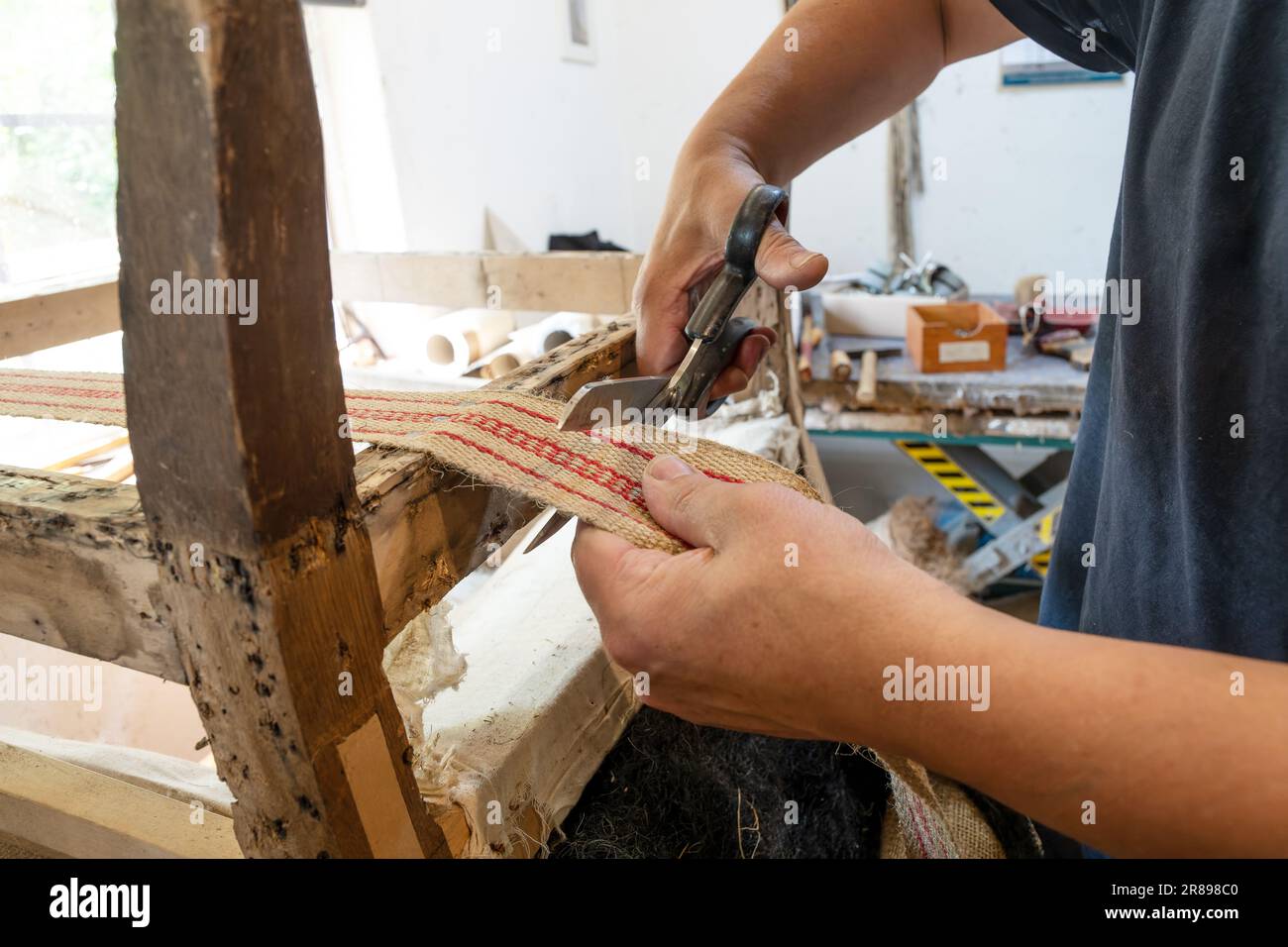 Un bourrier aux compétences artisanales traditionnelles raccourcit une nouvelle sangle sur une ancienne chaise avec des ciseaux dans son atelier, un espace de copie, un focus sélectionné, une profondeur étroite Banque D'Images
