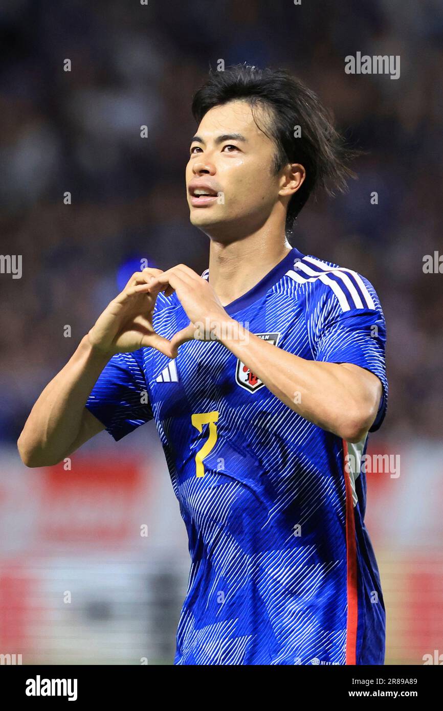 Kaoru MITOMA of Japan reacts after scoring the team's second goal at the Kirin Challenge Cup at Panasonic Stadium Suita in Suita City, Osaka Prefecture on June 20, 2023. ( The Yomiuri Shimbun via AP Images ) Banque D'Images