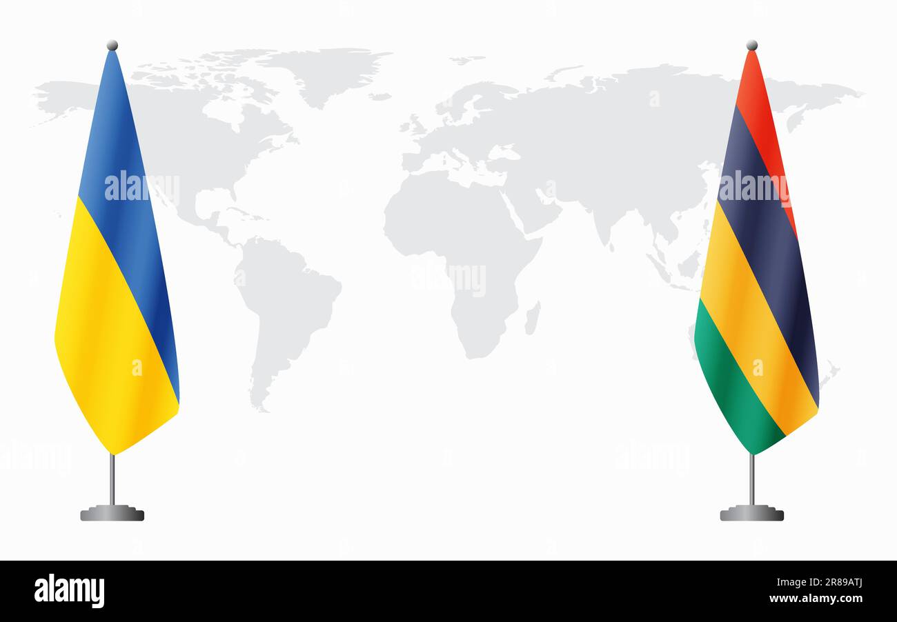 L'Ukraine et Maurice drapeaux pour une réunion officielle sur fond de carte du monde. Illustration de Vecteur