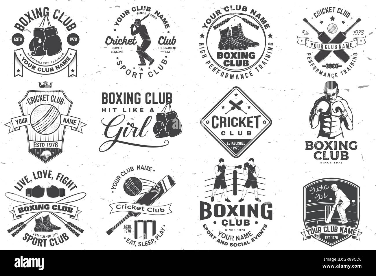 Ensemble de badges de club de cricket. Vecteur. Concept pour chemise, imprimé, timbre ou tee-shirt. Modèles pour club de sport de cricket. Illustration de Vecteur