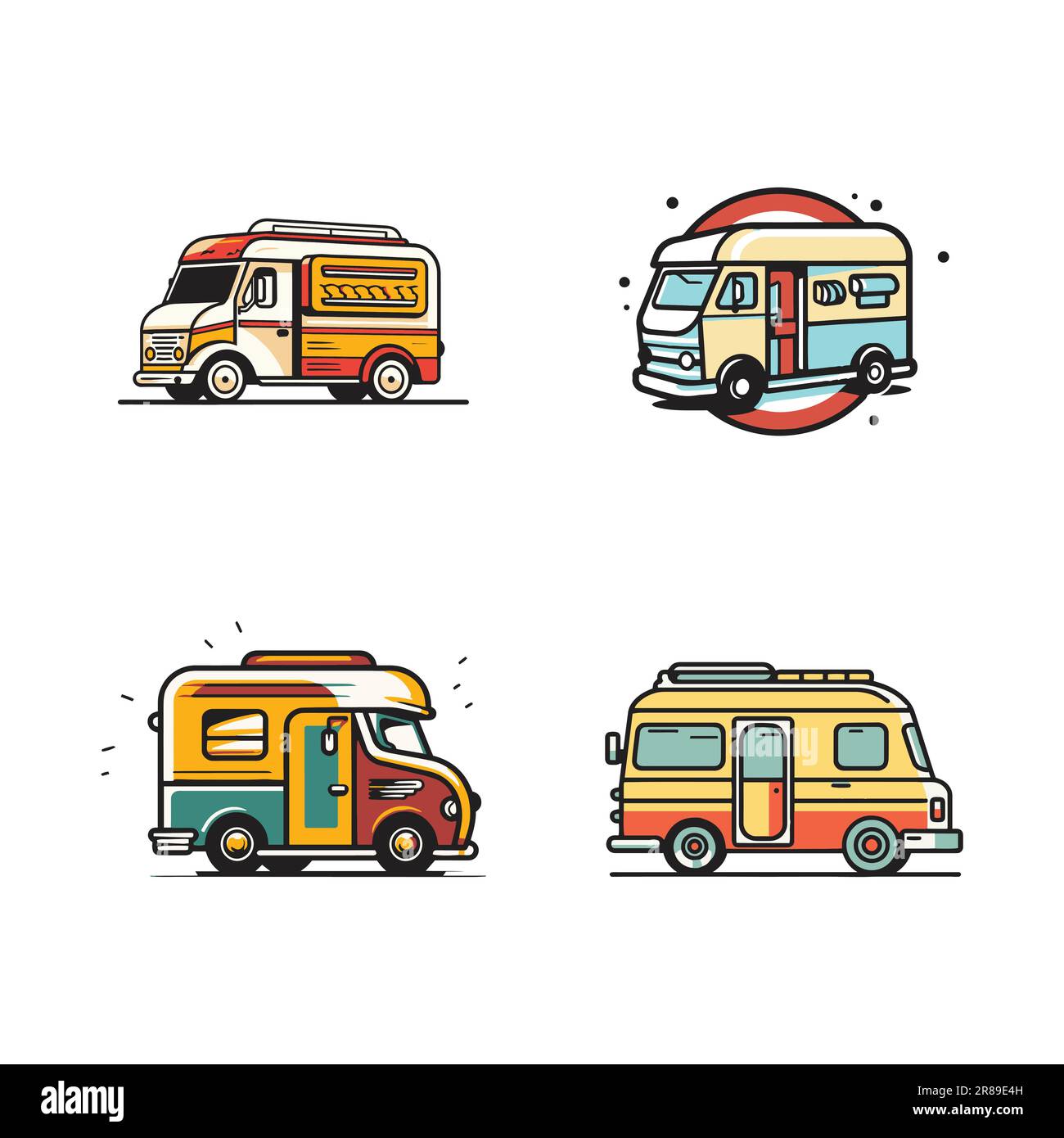 Dessin à la main du logo vintage Food Truck dans un style art à lignes plates isolé sur l'arrière-plan Illustration de Vecteur