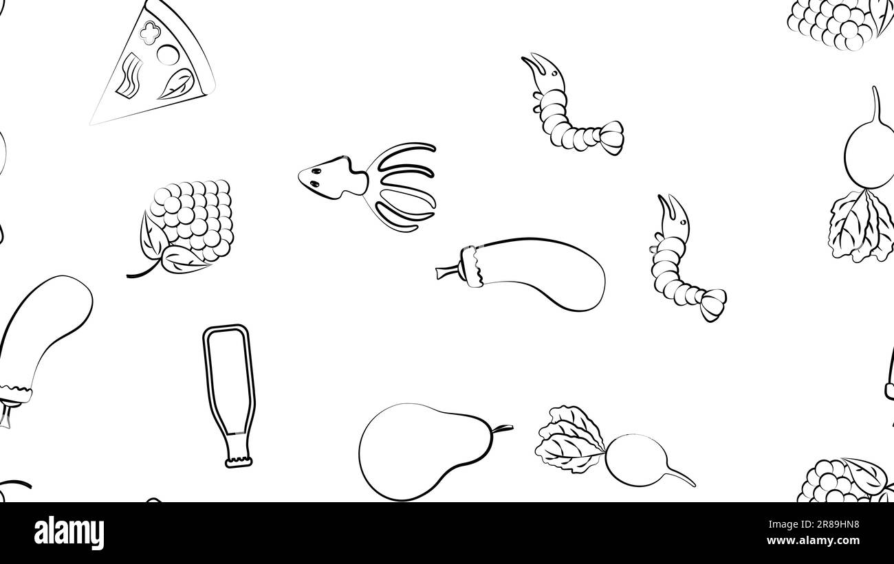 Noir et blanc sans fin motif de nourriture et d'en-cas icônes ensemble pour le restaurant bar café: Crevettes, pizza, raisins, radis, soda, calmar, poire. T Illustration de Vecteur