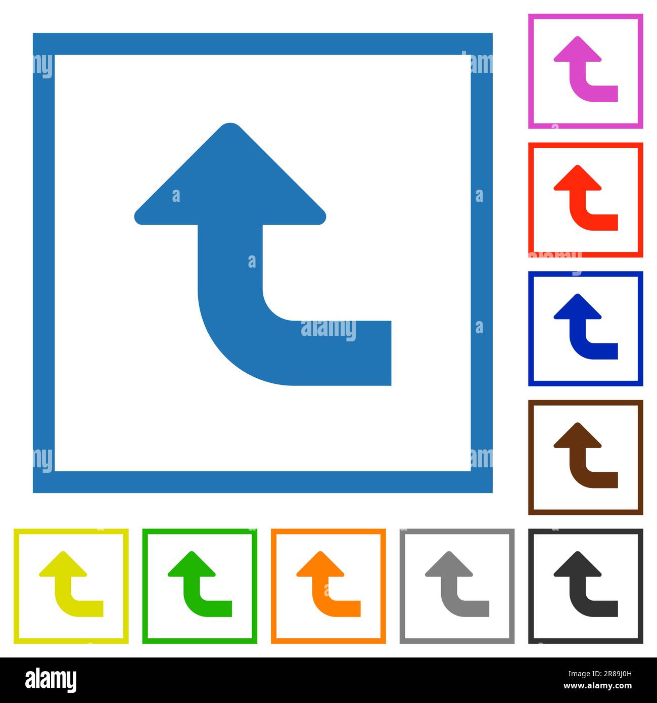 Côté supérieur gauche tourner la flèche fixe des icônes de couleur plate dans les cadres carrés sur fond blanc Illustration de Vecteur