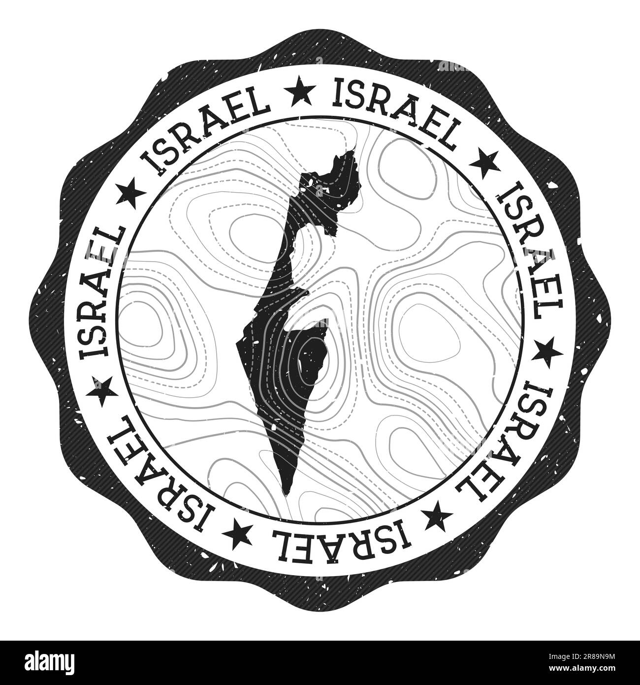 Cachet extérieur d'Israël. Autocollant rond avec carte du pays avec isolines topographiques. Illustration vectorielle. Illustration de Vecteur