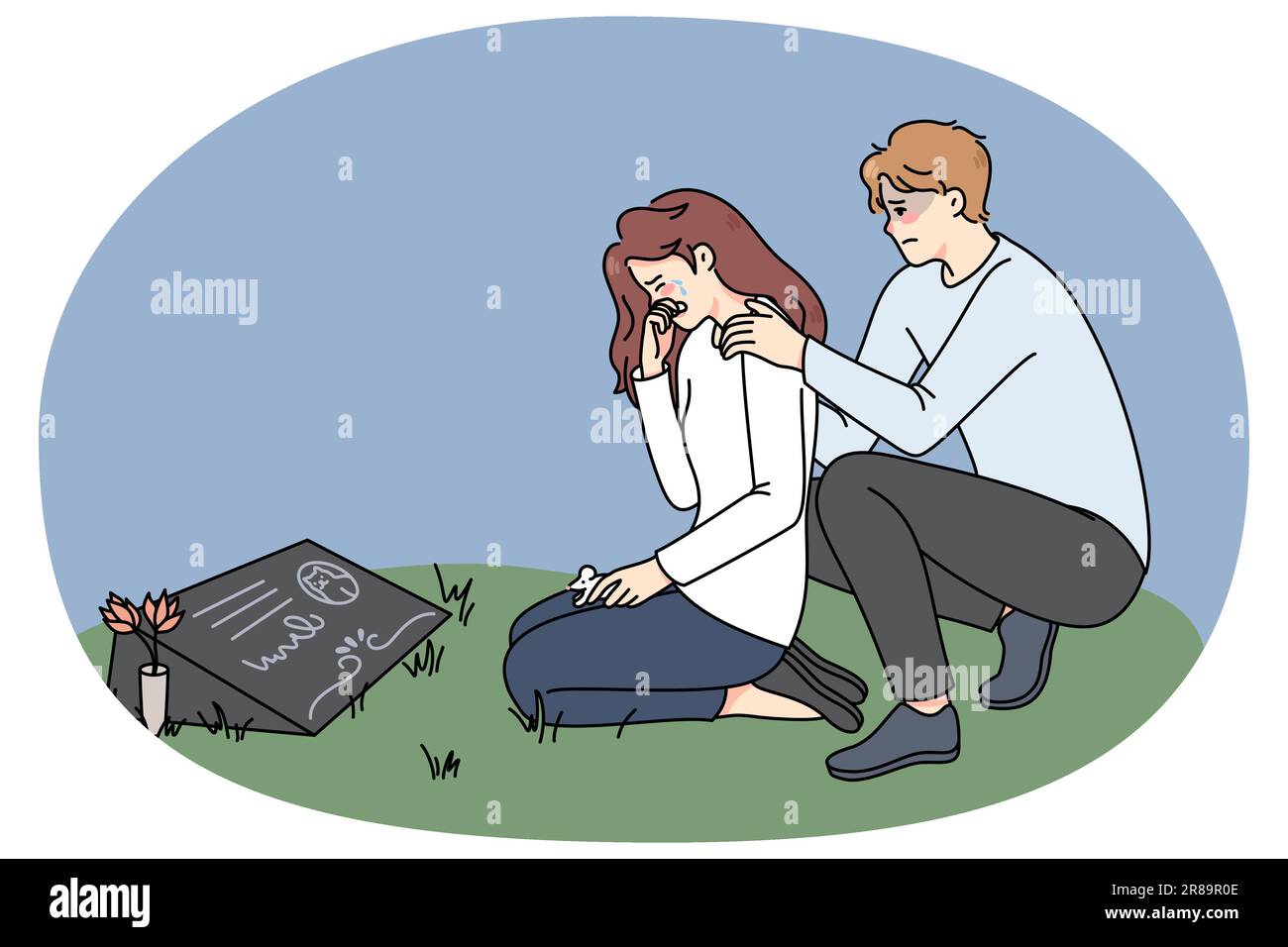 Couple déprimé pleurer à la pierre tombale de chat au cimetière. Les propriétaires d'hommes et de femmes mal stressés pleurent le deuil après le décès d'un animal domestique. Mémorial canin. Illustration vectorielle. Illustration de Vecteur