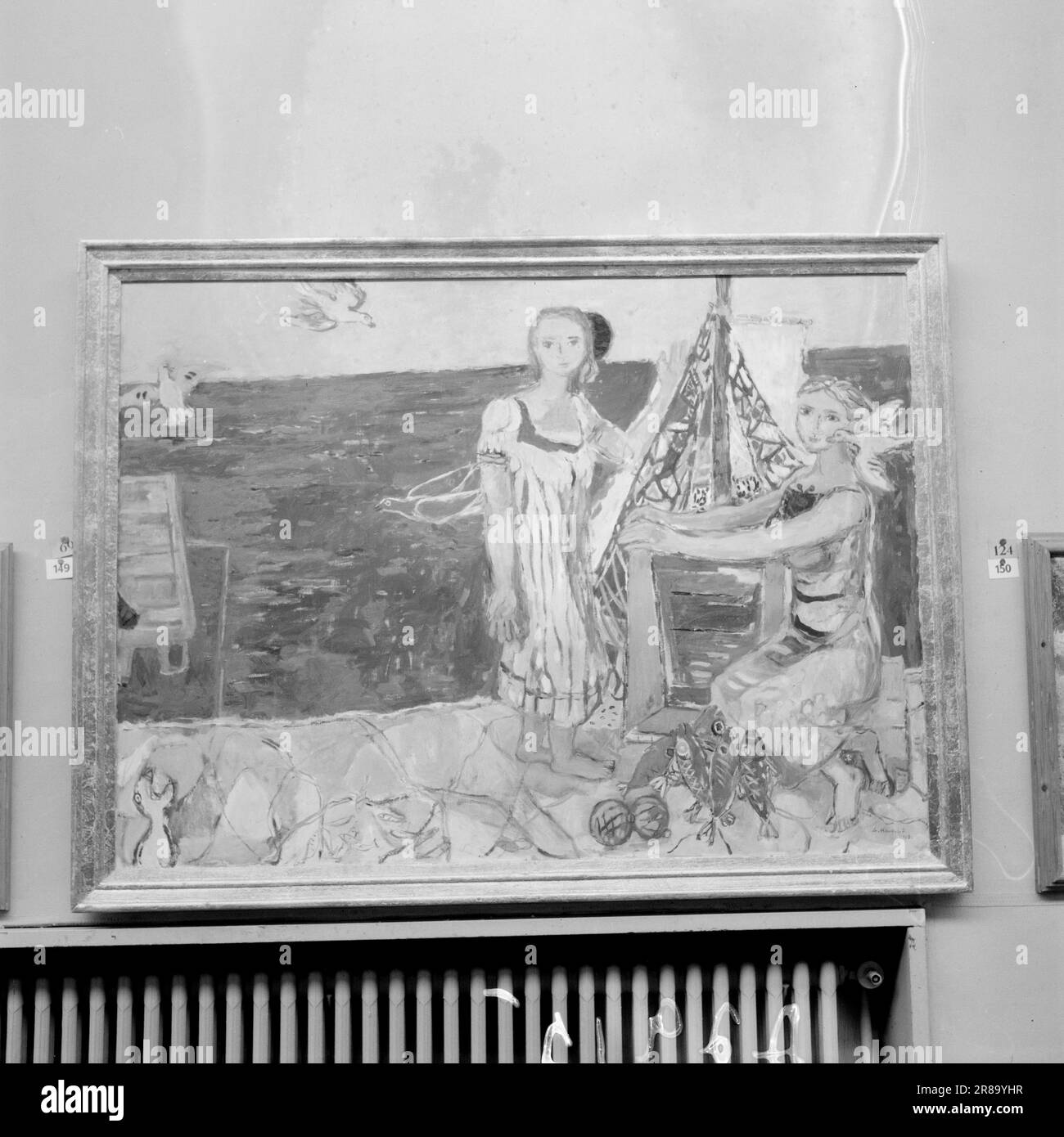 Actuel 21-1-1947: L'automne des artistes l'exposition annuelle d'art de l'État, qui est habituellement appelée juste l'exposition d'automne, peut cette année célébrer son anniversaire de 60th. Elle a eu lieu pour la première fois en 1883, et cette année aurait dû être l'anniversaire de 65th, mais les cinq années mortes de la guerre se sont écoulées entre les deux. "La mer bleue" est ce que Gunnar Haukebø a appelé sa grande peinture de deux filles de pêche, qui a un beau caractère décoratif. Photo: Aktuell / NTB ***PHOTO NON TRAITÉE*** Banque D'Images