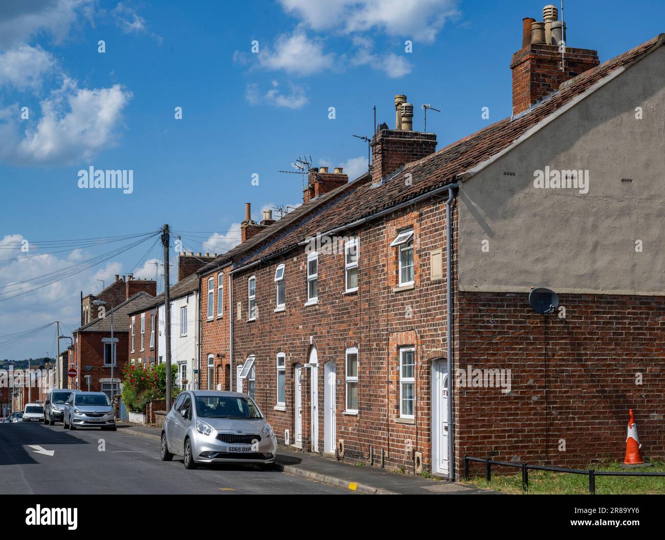 Grantham, Lincolnshire, Angleterre, Royaume-Uni. Les maisons mitoyennes typiques du centre-ville témoignent de l'héritage de la classe ouvrière britannique Banque D'Images