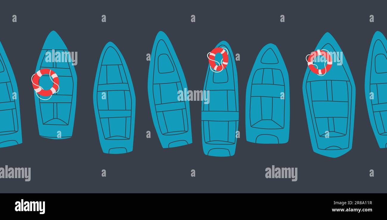 Différents bateaux de la rivière bleue. Bordure vectorielle sans couture pour la conception. Illustration de Vecteur