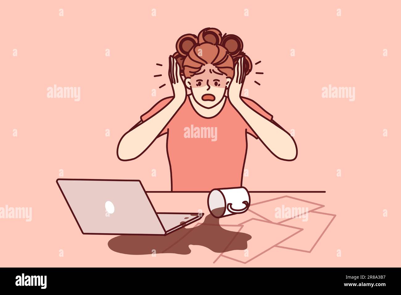 Une femme d'affaires maladroite a renversé du café sur un ordinateur portable et des documents en raison de la fatigue ou du chaos sur un ordinateur de bureau. Femme freelance hurlant café sur ordinateur et des papiers importants irrécupérables Illustration de Vecteur Une femme d'affaires maladroite a renversé du café sur un ordinateur portable et des documents en raison de la fatigue ou du chaos sur un ordinateur de bureau. Femme freelance hurlant café sur ordinateur et des papiers importants irrécupérables Illustration de Vecteur