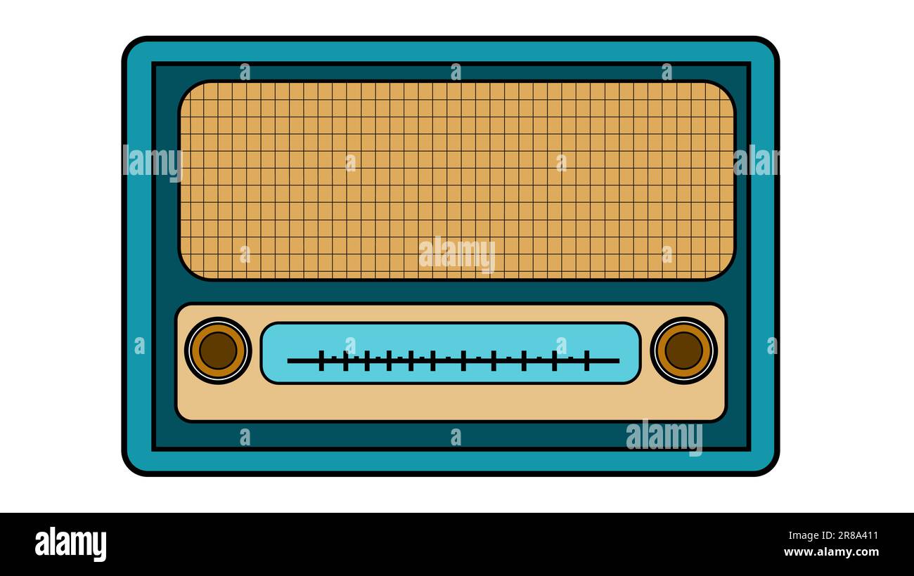 Bleu avec jaune ancien rétro antique vintage rectangulaire première radio hipster avec trait noir, récepteur radio de musique avec des vents ronds sur un fond blanc Illustration de Vecteur
