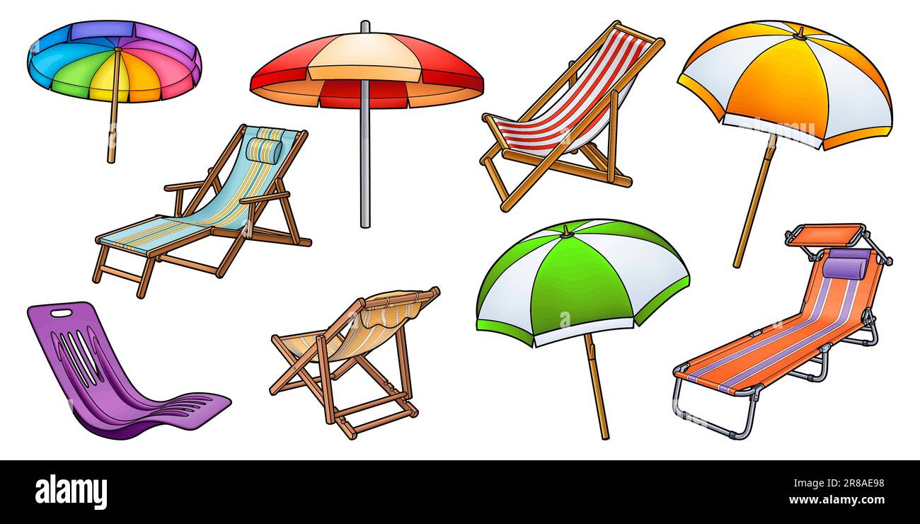 Ensemble de dessins animés avec chaises longues et parasols. Été plage objets vecteur illustration amusante. Isolé sur fond blanc Illustration de Vecteur