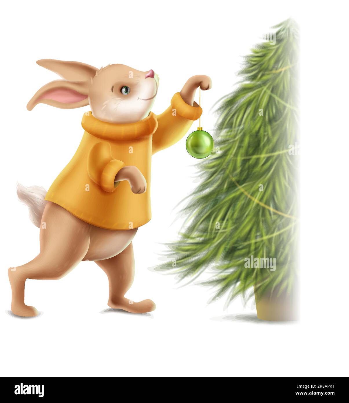 Illustration de l'icône vectorielle. Joli lapin style dessin animé habillé en vêtements d'hiver, pull. Décoration de l'arbre de Noël avec des boules de verre. Isolé sur blanc Illustration de Vecteur
