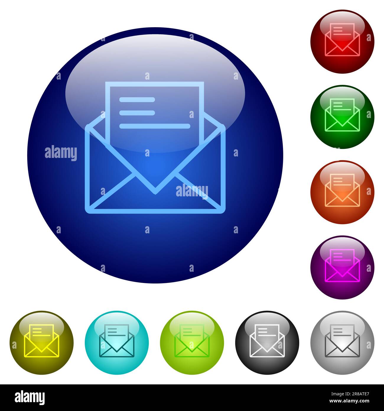 Ouvrez le courrier avec des icônes de contour de lettre sur des boutons ronds en verre dans plusieurs couleurs. Structure de calque organisée Illustration de Vecteur