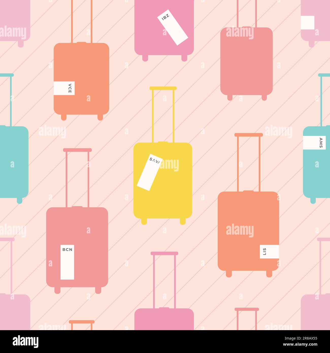 Motif vectoriel brillant sans couture avec bagages, valise, étiquettes, code-barres avec destination. Illustration d'été sur les voyages, les vacances. Illustration de Vecteur