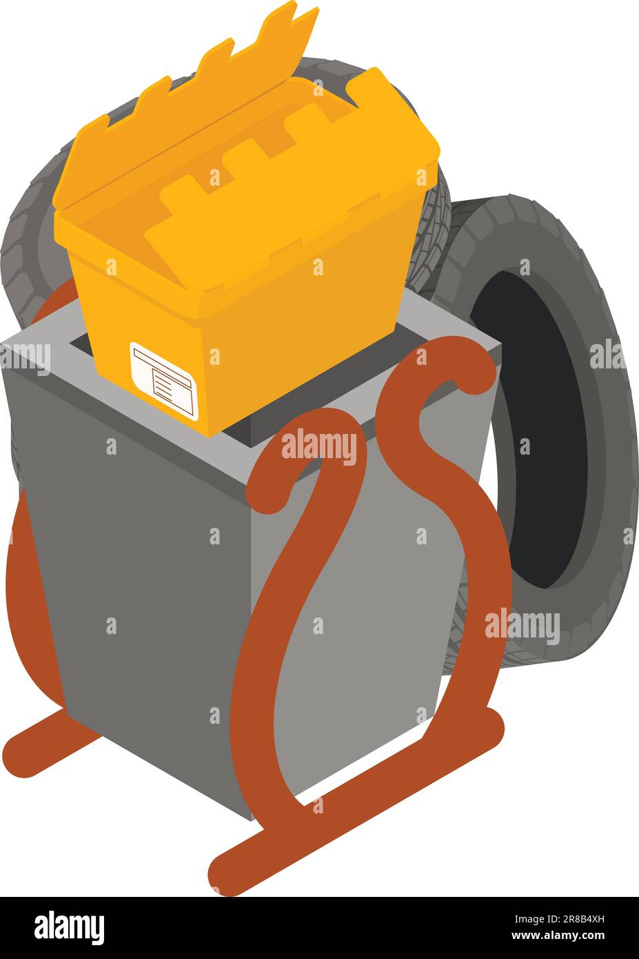 Vecteur isométrique d'icône de corbeille industrielle. Pneu de voiture et boîte à colis près de l'urne métallique. Concept de recyclage, déchets industriels Illustration de Vecteur