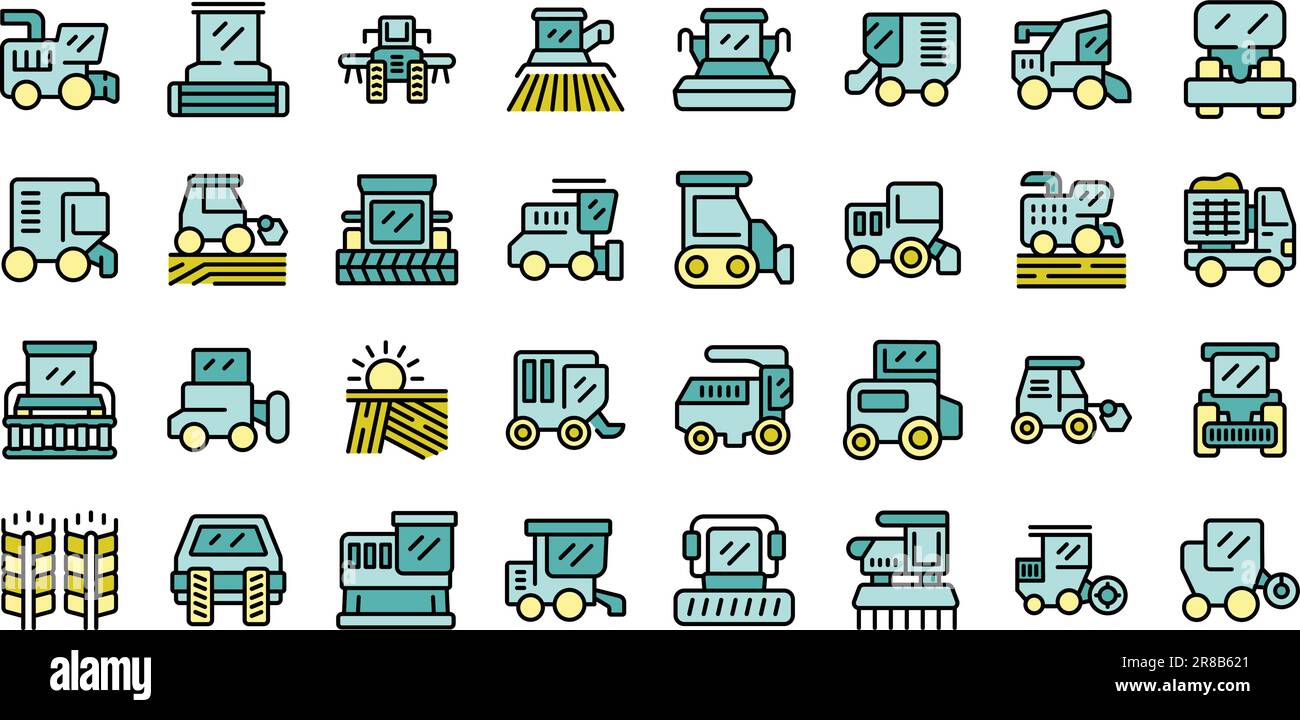 Les icônes de moissonneuse-batteuse définissent le vecteur de contour. Machines agricoles. Ligne fine de la ferme alimentaire couleur plate sur blanc Illustration de Vecteur