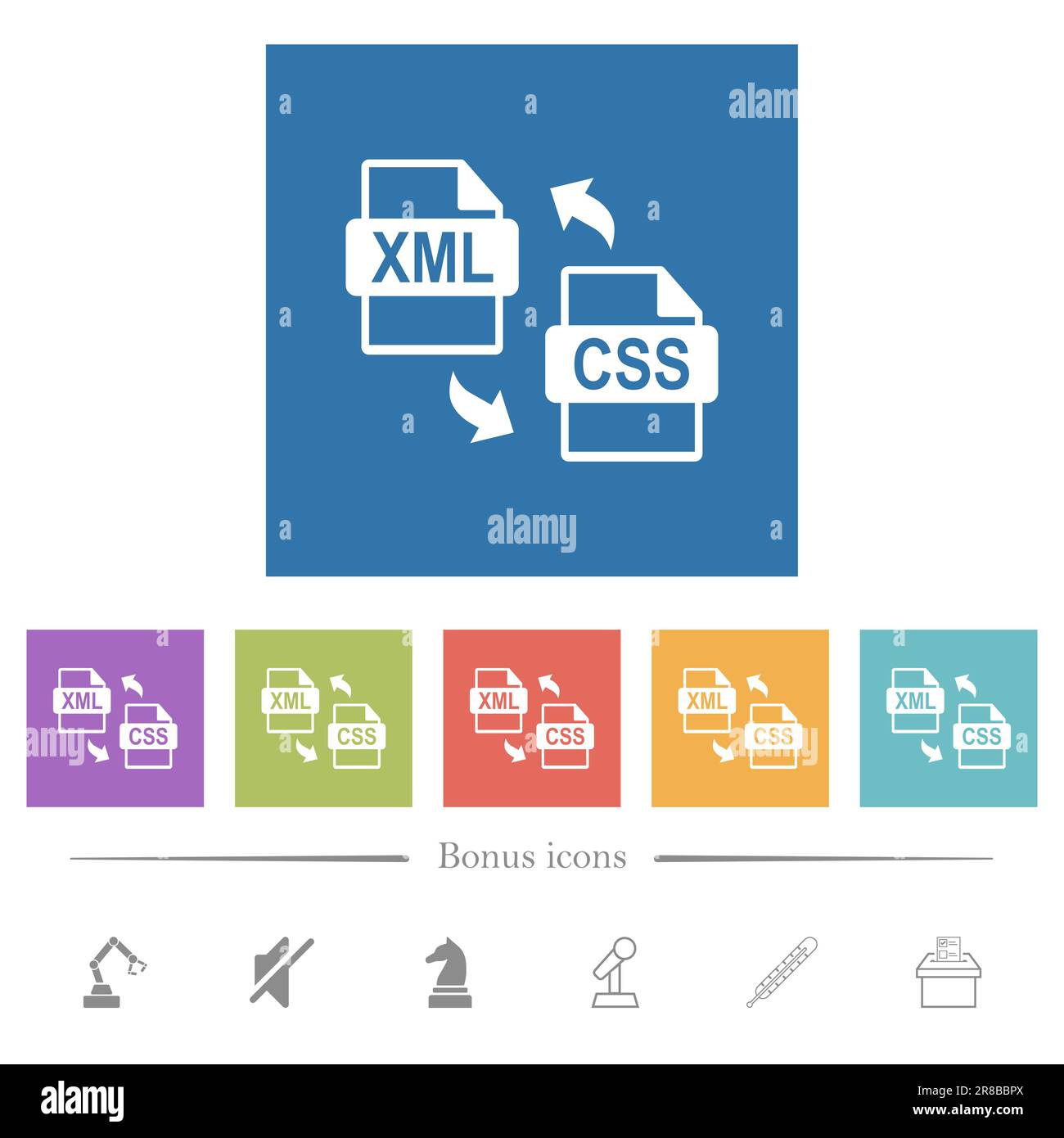 Conversion de fichier CSS XML icônes blanches plates sur fond carré. 6 icônes bonus incluses. Illustration de Vecteur