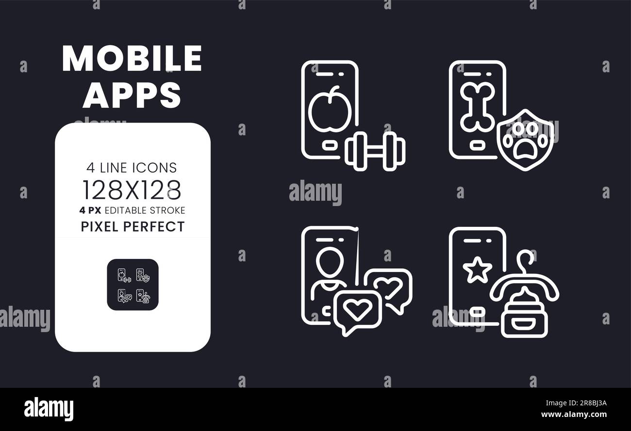 Applications mobiles icônes linéaires blanches de bureau en noir Illustration de Vecteur