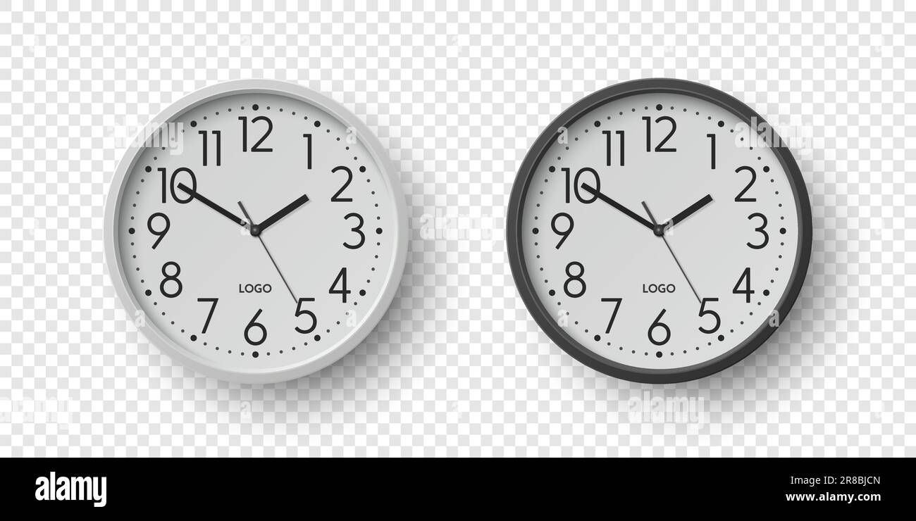 Vector 3D horloge de bureau murale ronde avec cadran d'horloge blanc, gros plan isolé. Montres, modèle de conception, maquette pour le marquage, Publicité. Vecteur simple Illustration de Vecteur