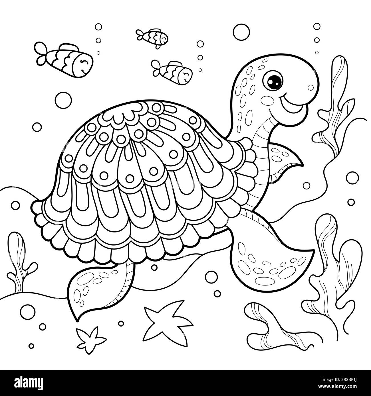Tortue de mer gaie sous l'eau. Dessin linéaire noir et blanc. Pour la conception pour enfants de livres à colorier, imprimés, affiches, cartes, autocollants, casse-têtes, et Illustration de Vecteur