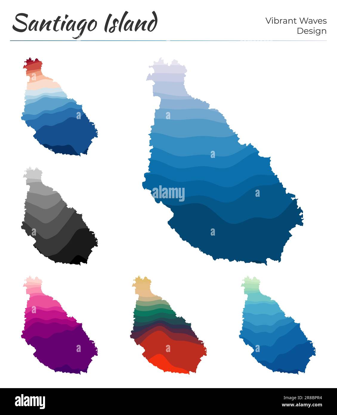 Ensemble de cartes vectorielles de l'île de Santiago. Motif vagues éclatantes. Carte lumineuse dans un style de courbes lisses géométriques. Illustration de Vecteur