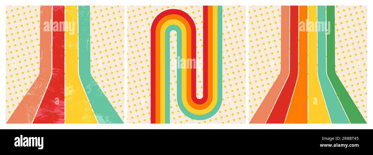 Rétro Daisy Flower Power Background concept, 70s Era Boho Rainbow Stripe Line Wave Pattern, Groovy Abstract Poster Graphic Design, Vintage Floral Art, Banque D'Images