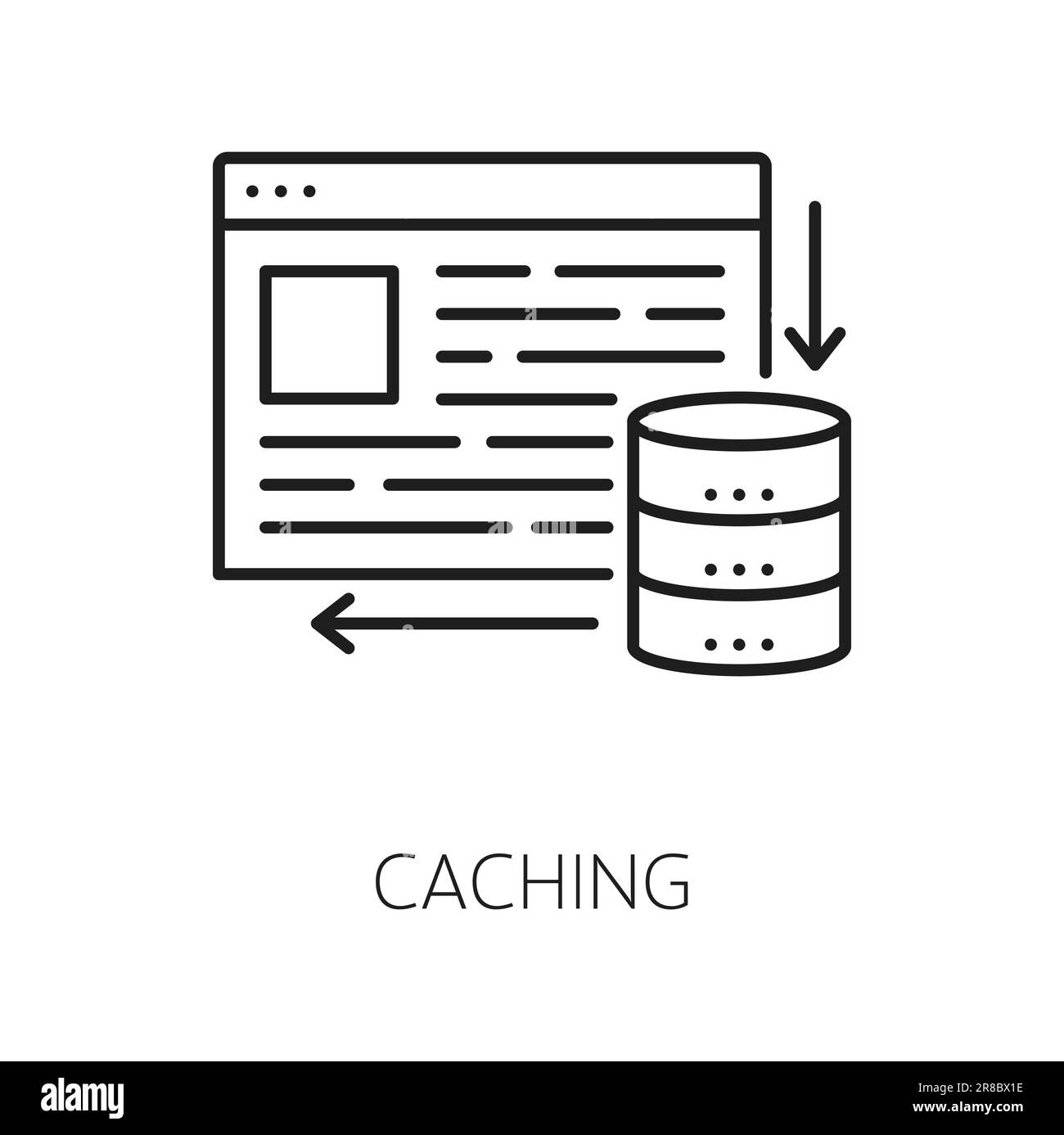 Mise en cache. CDN. Icône de réseau de distribution de contenu, serveur de distribution et de sauvegarde de contenu de portail de blog, système de publication de données multimédia Web, symbole vectoriel de contour CDN ou icône avec page Web et dispositif de stockage de données Illustration de Vecteur