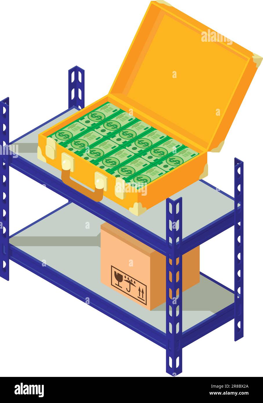 Vecteur isométrique de l'icône métier d'entrepôt. Ouvrez la valise d'argent sur le rack de l'entrepôt. Concept logistique, service d'entreposage Illustration de Vecteur