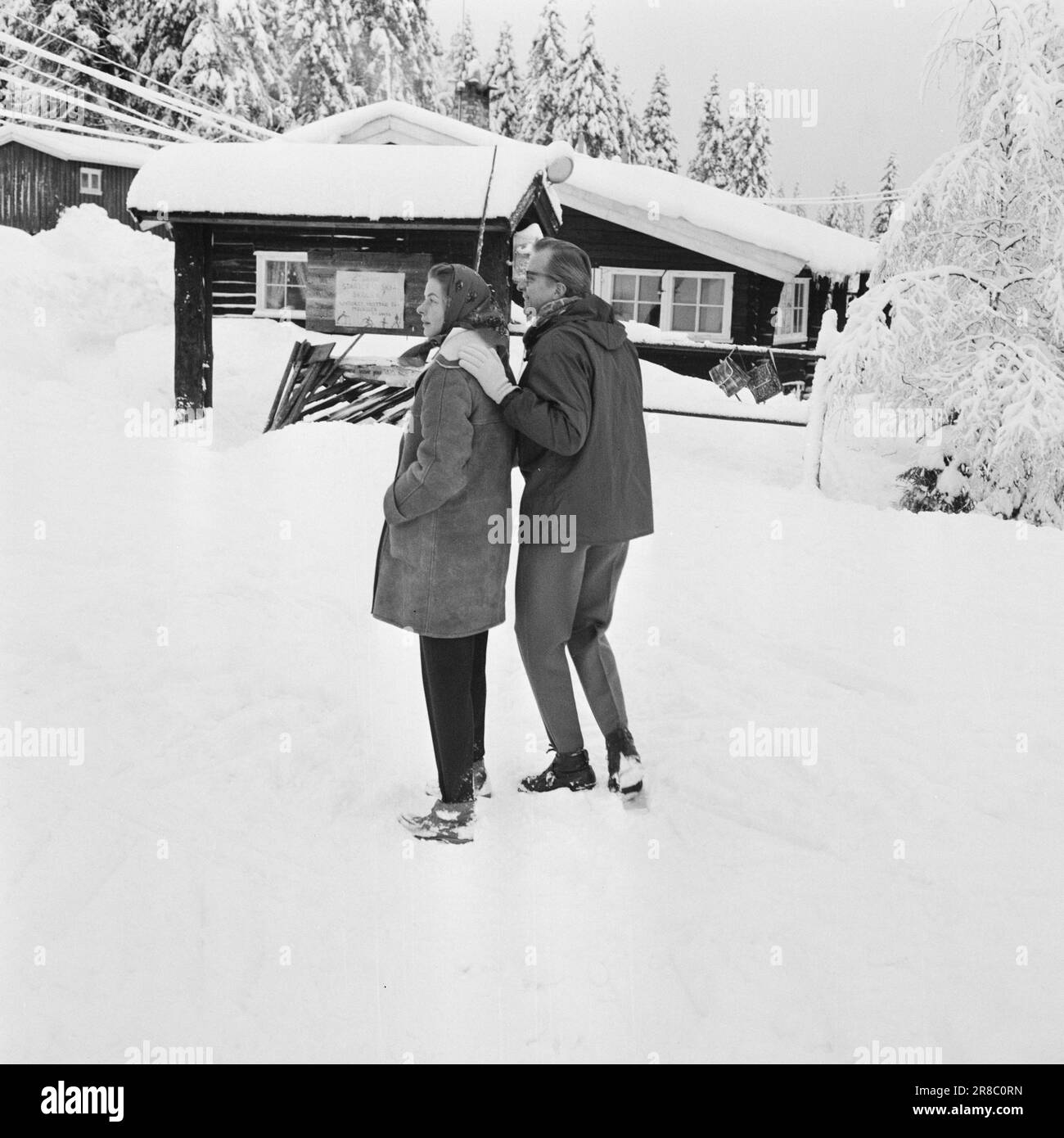 Courant 2-11-1960: Ingrid Bergman et les enfants dans la neige norvégienne début de Noël, par temps gris et pluie, toute la presse norvégienne s'est réunie à l'Østbanestasjonen à Oslo. La réception concernait Ingrid Bergman et ses trois enfants Rossellini. La star du monde était venue célébrer l'hiver norvégien. Pendant un bref instant, Ingrid Bergman, convaincue par son mari Lars Schmidt, était prête à poser pour les photographes. La légende suivante pourrait être imprimée: Ingrid Bergman et Lars Schmidt à l'école de ski de Holmenholden. Photo: Aage Storløkken / Aktuell / NTB ***PHOTO PAS D'IMAGE Banque D'Images