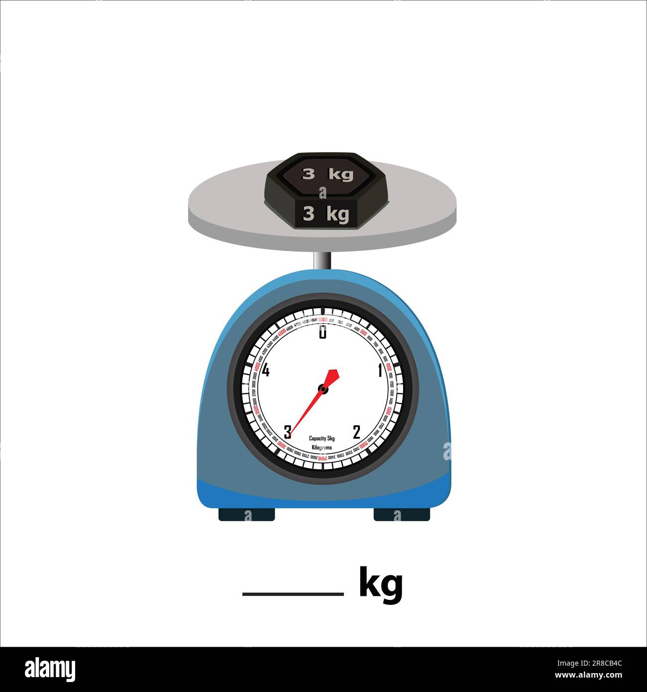 Wight Stone 3kg sur balance, isoler sur fond blanc. Illustration du vecteur de balance. Concept commercial signe de comparaison d'équilibre. Illustration de Vecteur