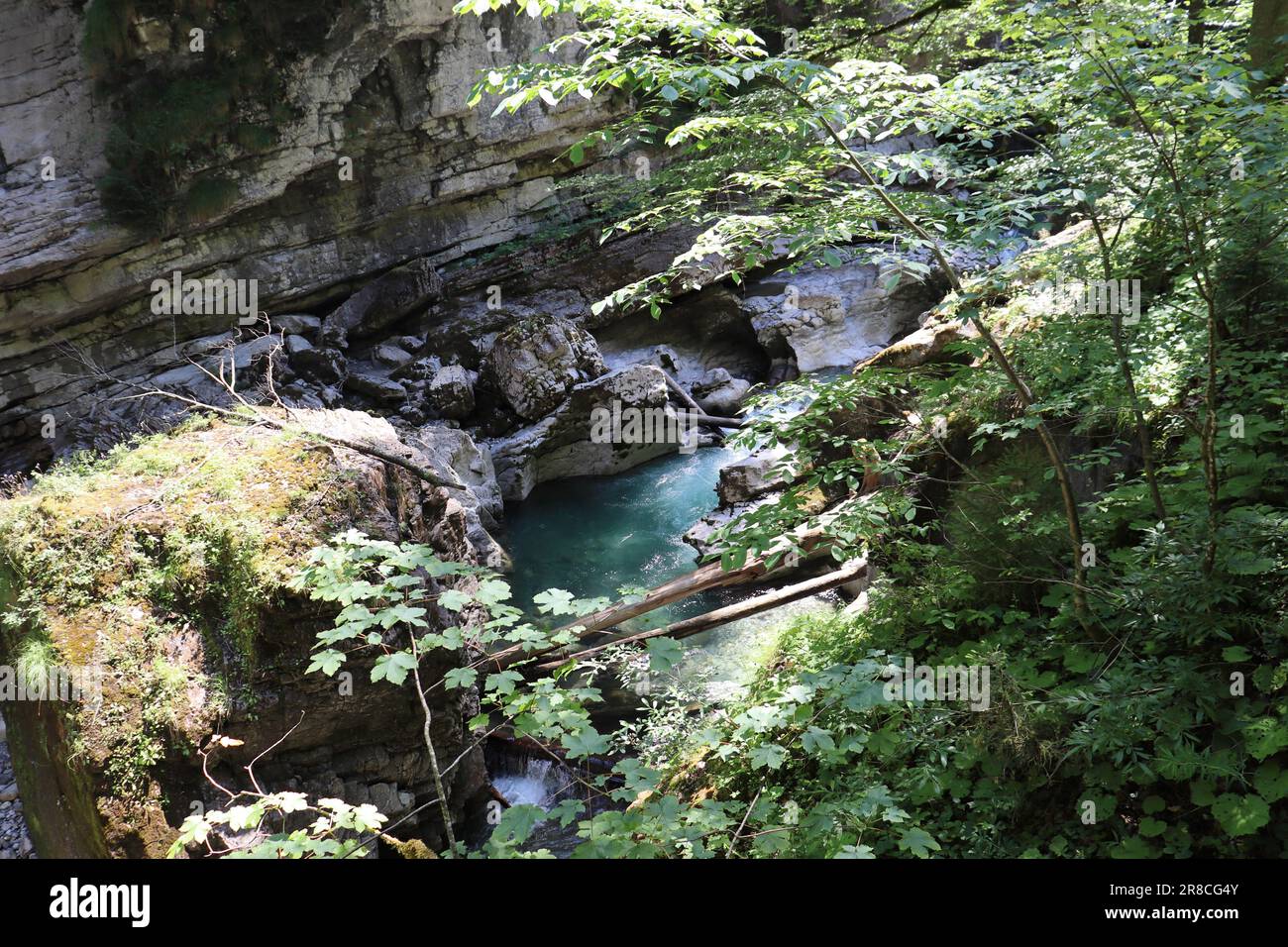 Le Breitachklamm est une gorge créée par la rivière Breitach dans l'Allgau. C'est l'une des gorges les plus profondes des Alpes bavaroises et des rochers les plus profonds. Banque D'Images