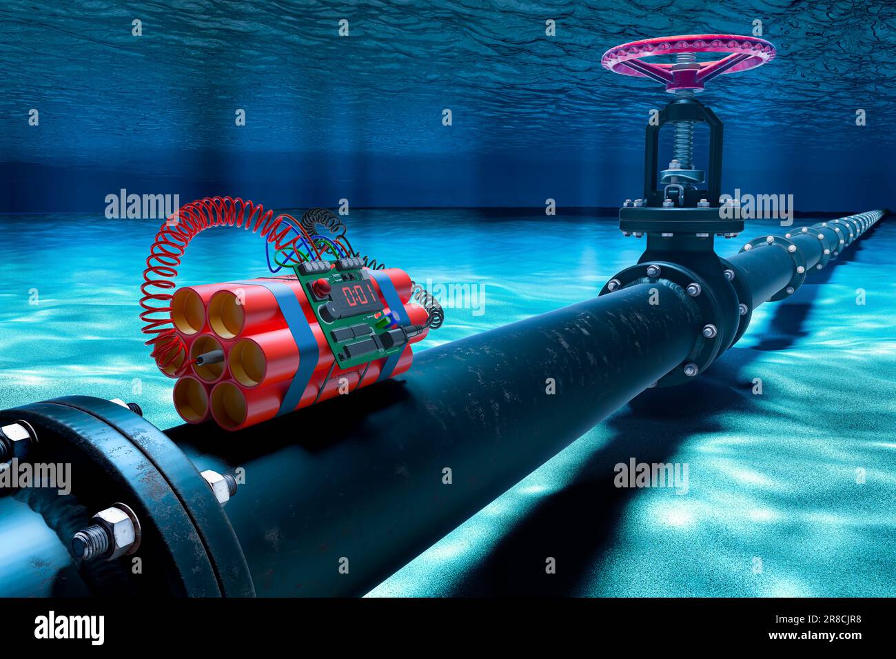 Pipeline allongé avec une bombe au fond de l'océan sous l'eau. 3D rendu Banque D'Images