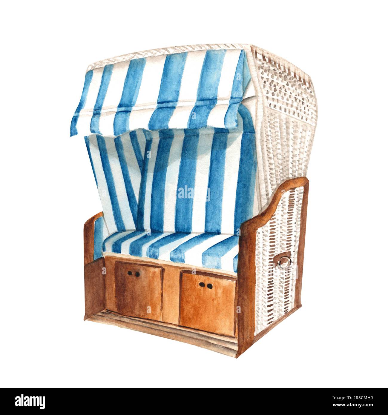 Chaise de plage à capuche de la mer baltique, Allemagne, isolée sur fond blanc. Illustration aquarelle dessinée à la main. Banque D'Images