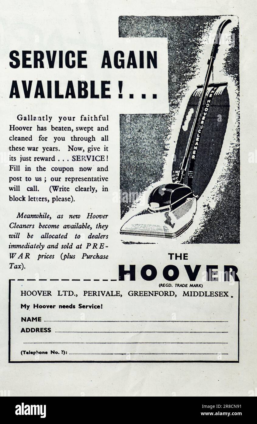 Une publicité de 1945 pour les machines à vide Hoover, annonçant le retour de l'entretien après la fin de la Guerre mondiale 2. Pendant ce temps, à mesure que les nouveaux modèles seront disponibles, ils seront attribués aux concessionnaires et vendus à des prix d'avant-guerre plus la taxe d'achat. Banque D'Images