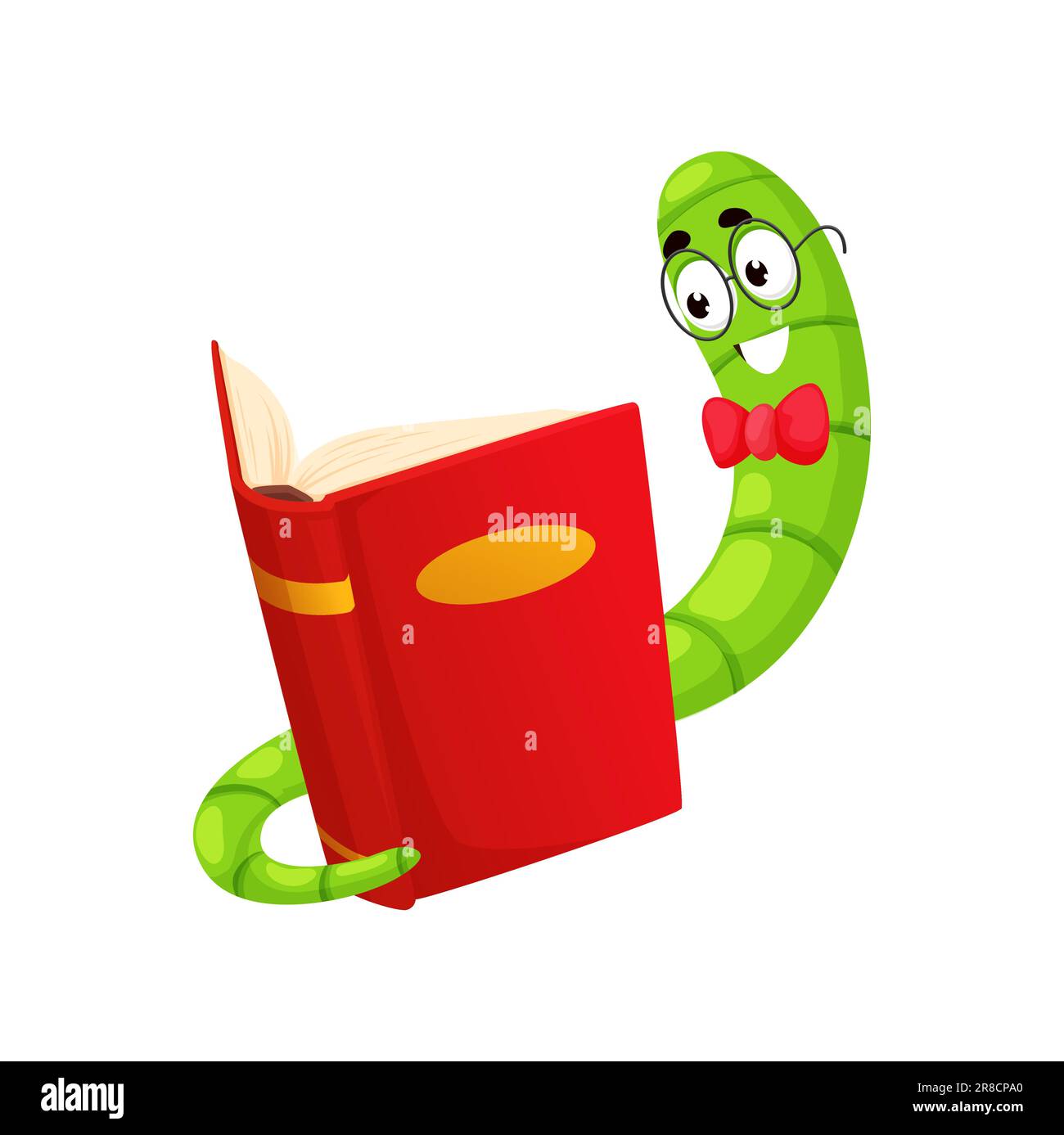 Personnage de bookworm de dessin animé, livre ver animal de lecture livre avec un grand intérêt, perdu dans l'histoire captivante et la magie du mot écrit. Vecteur isolé mignon étudiant ou bibliothécaire caterpillar Illustration de Vecteur