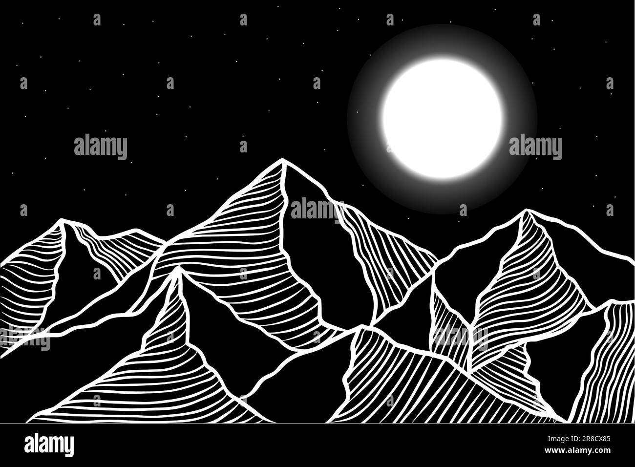 illustration de la ligne de montagne noire et blanche et pleine lune Illustration de Vecteur