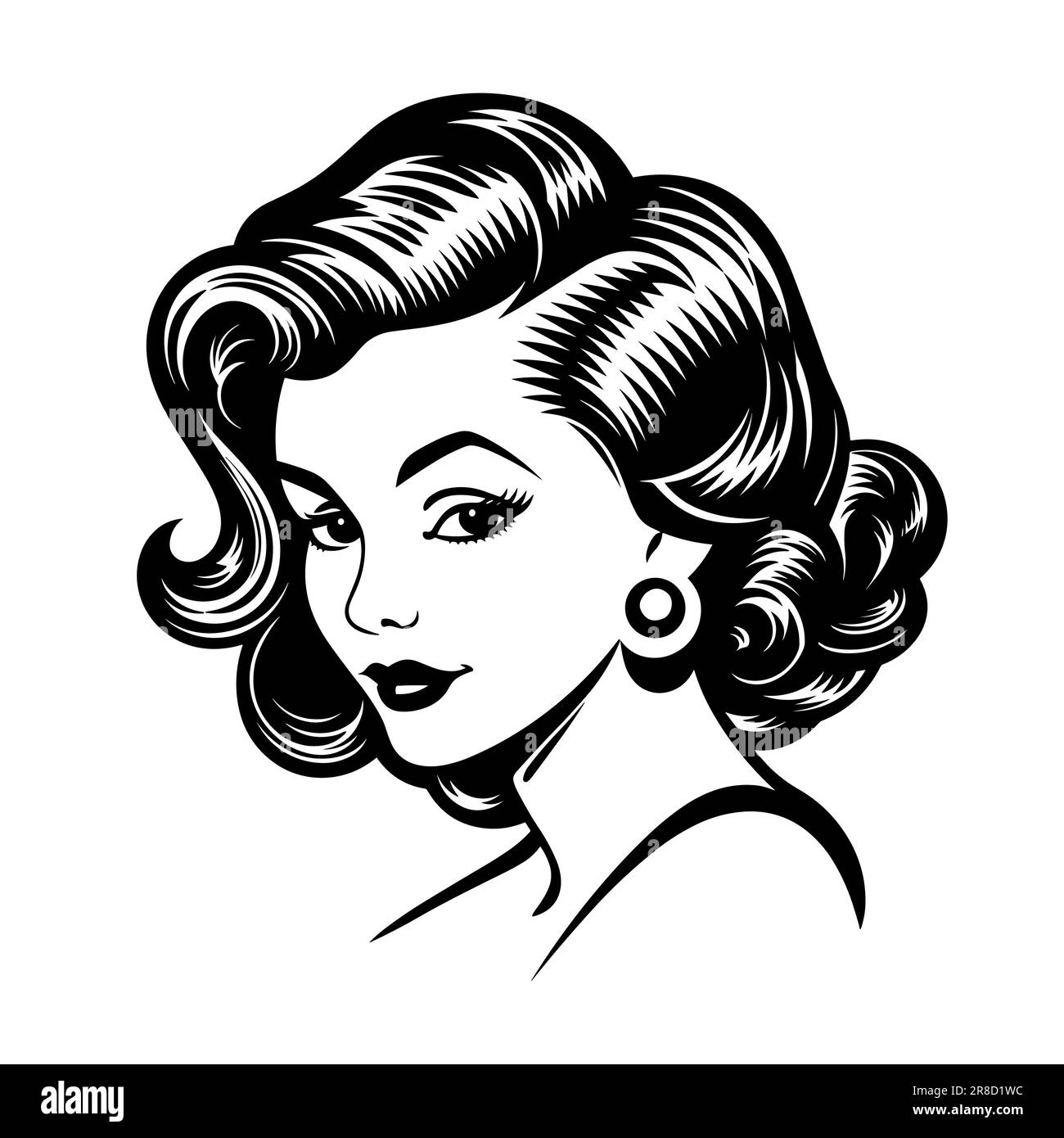 jolie femme de style rétro aux cheveux bouclés en noir sur blanc Illustration de Vecteur