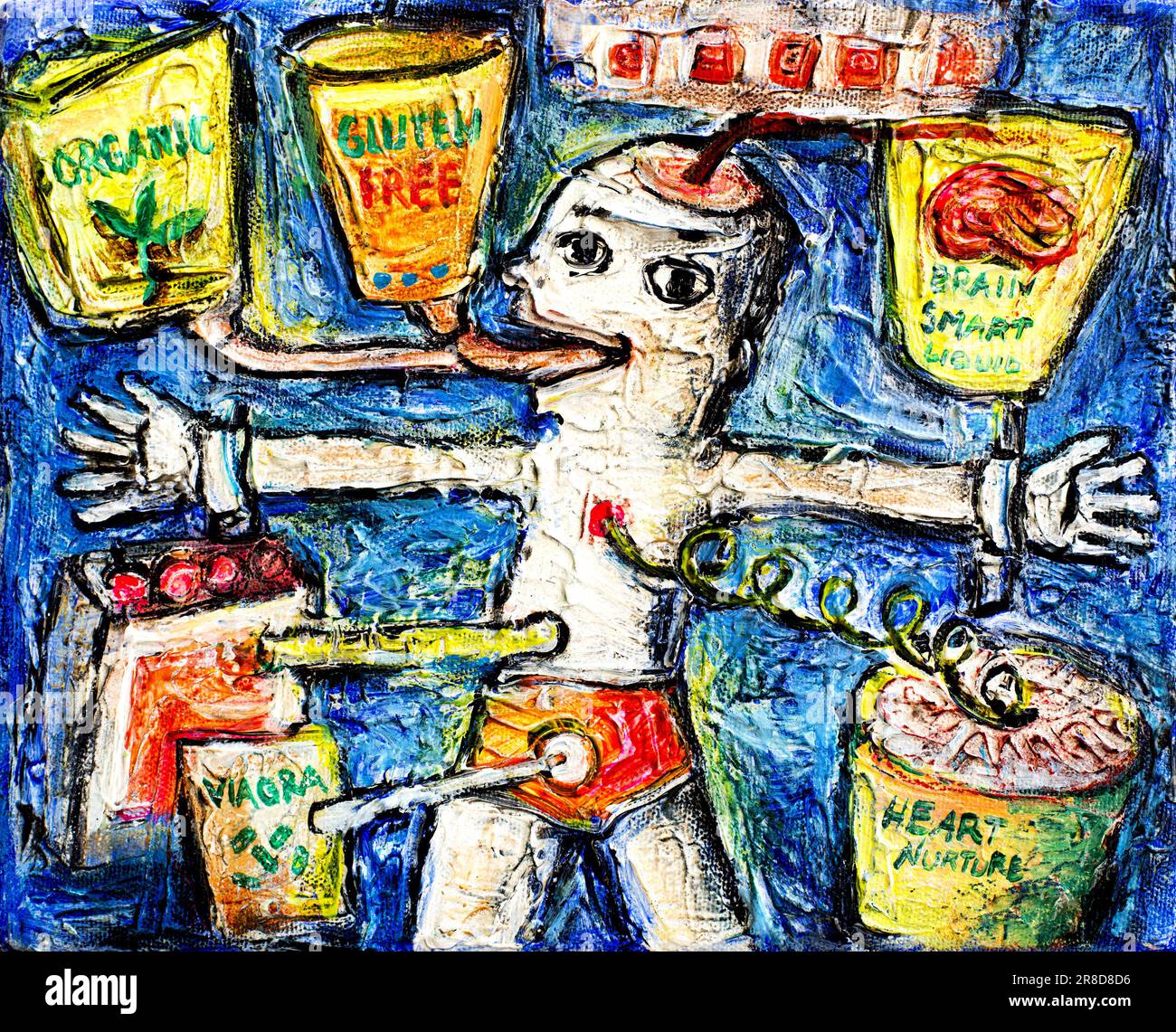 Peinture contemporaine originale d'un consommateur mangeant et buvant de la malbouffe par Nalidsa Sukprasert. Banque D'Images