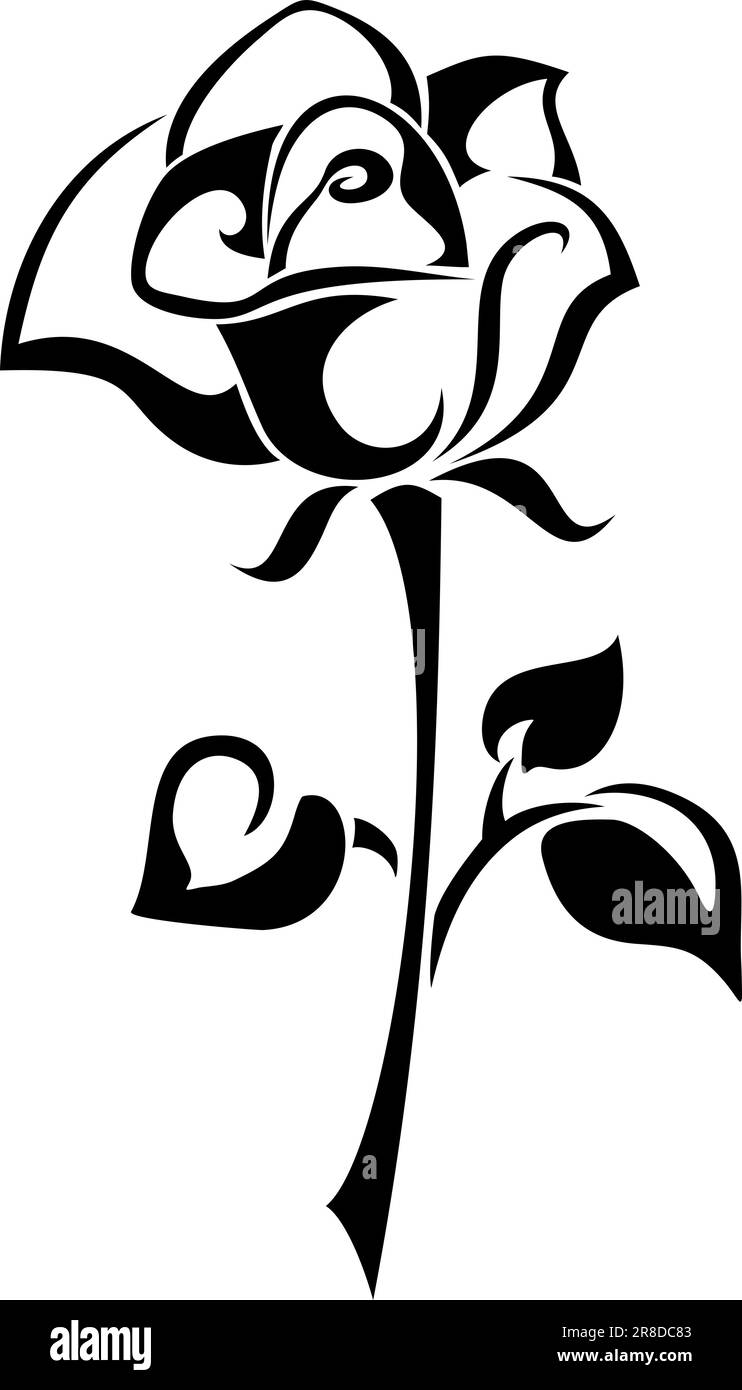 Fleur rose. Illustration noire et blanche d'une rose avec une tige isolée sur un fond blanc. Silhouette noire vectorielle Illustration de Vecteur
